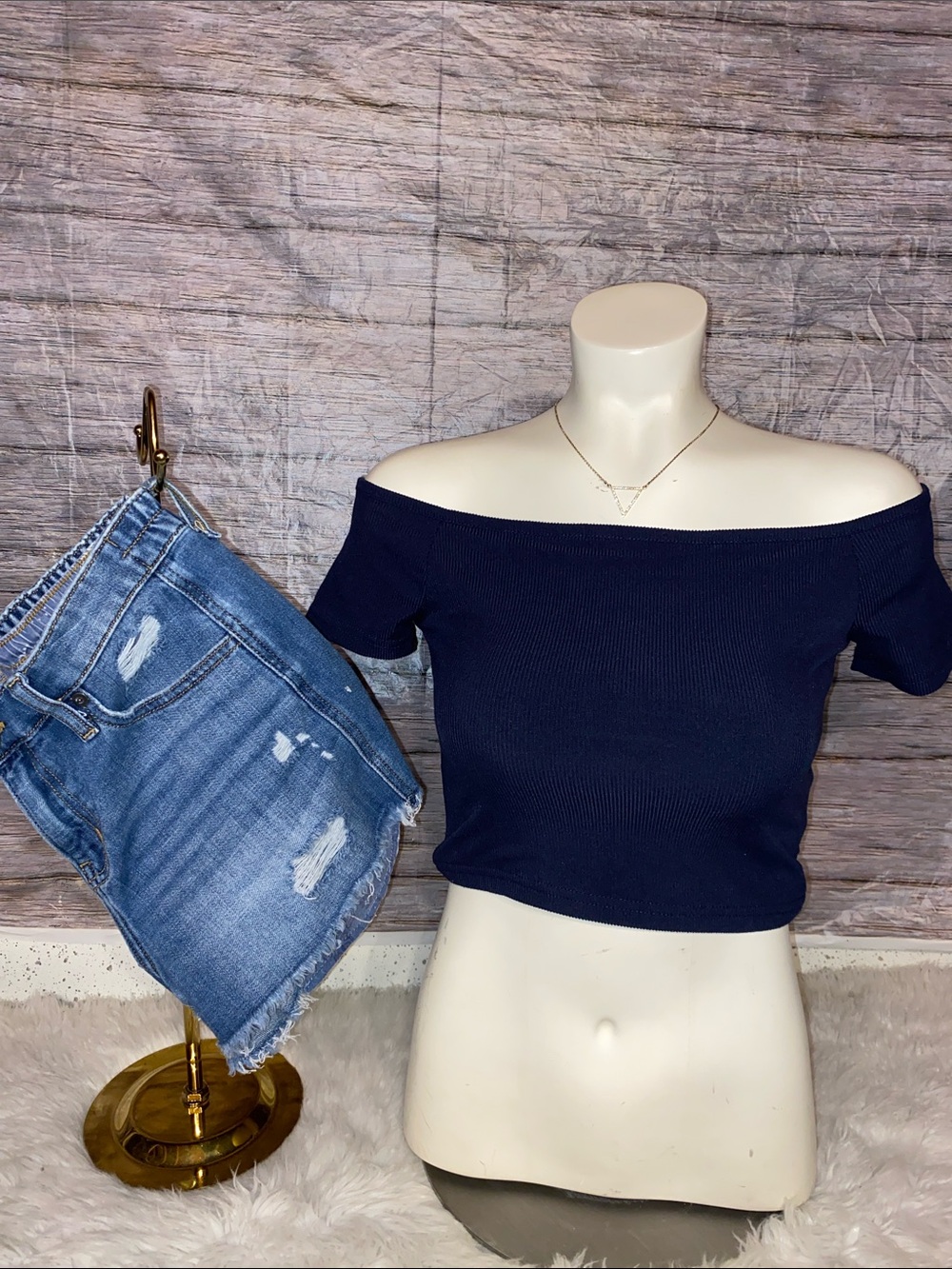 Faded Rose Off-Shoulder Navy Ribbed Crop Top